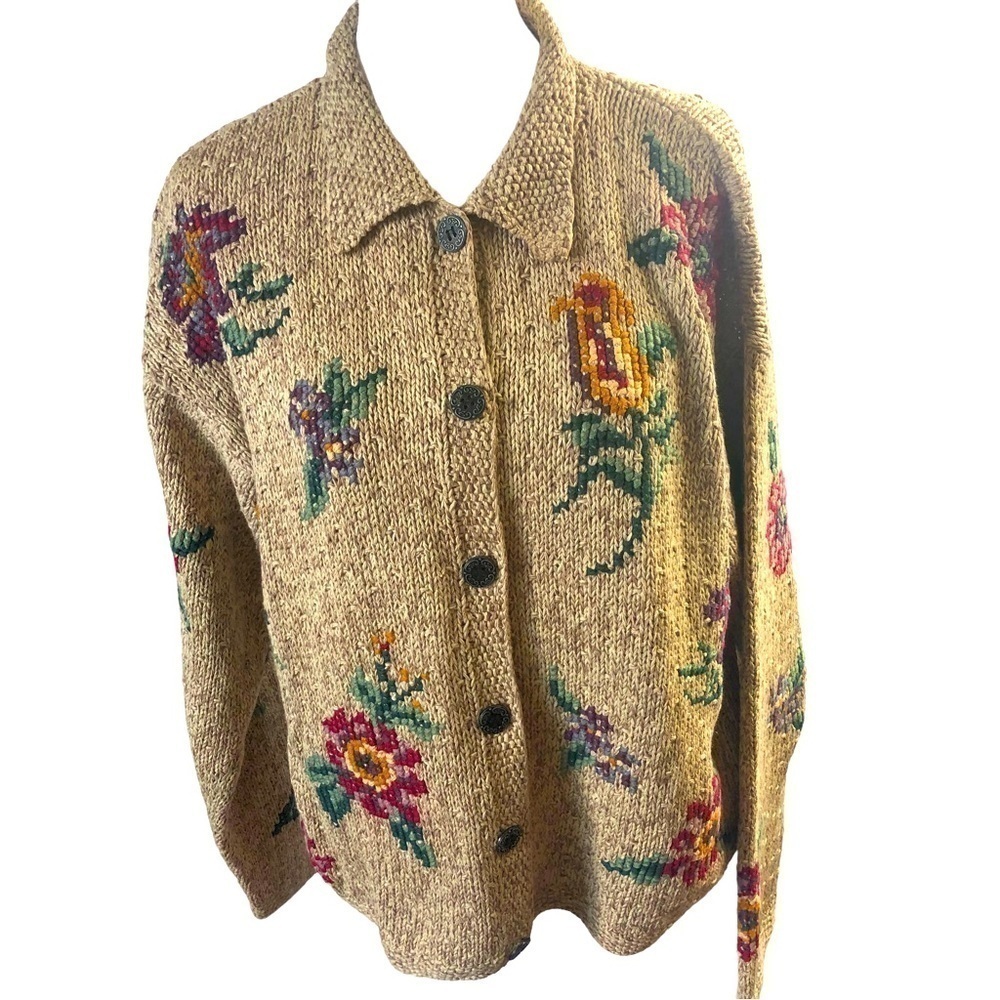 Bushwacker Ramie Cotton Cardigan Women L Oatmeal with Multicolor Floral